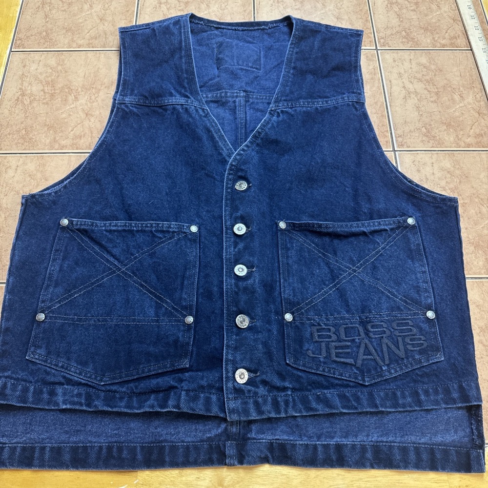 Vintage Boss Jeans Vest Mens Size Large Denim Blue USA Hip Hop Y2K Spellout